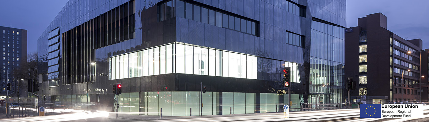 Exterior shot of NGI, with logo of European Regional Development Fund