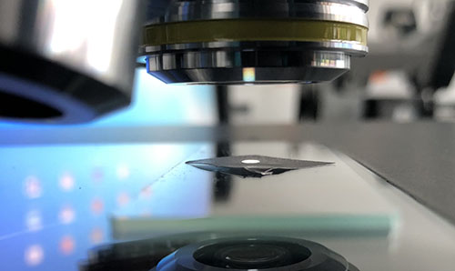Close-up of microscope lenses and material on a slide